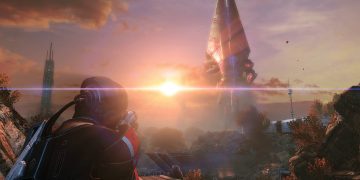 Mass Effect: Legendary Edition -- Shepard aims gun at Reaper in distance