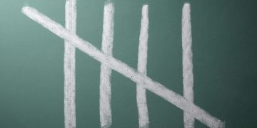 Five tally marks on blackboard