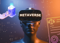 girl wearing virtual reality glasses with METAVERSE in it; document on law and justice and crypto mining illustration on sides