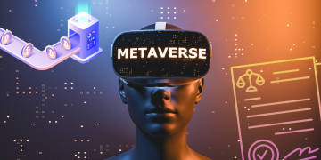 girl wearing virtual reality glasses with METAVERSE in it; document on law and justice and crypto mining illustration on sides