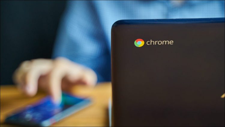 Chromebook close up on Chrome logo