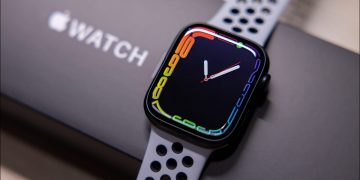Closeup of the Apple Watch Series 7 Nike edition.