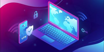 VPN logo on a laptop PC and smartphone.