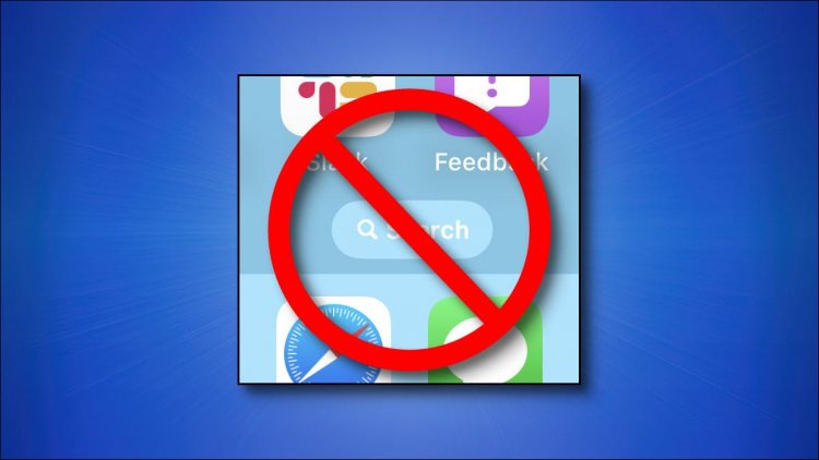 A crossed-out iPhone home screen search button on a blue background.