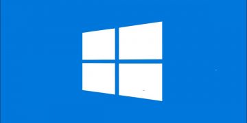 White Windows 10 logo against a blue background.