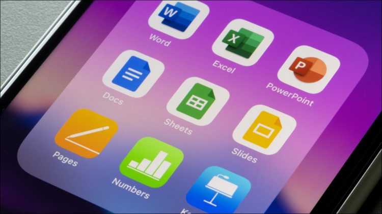 An iPhone screen showing various Microsoft Office and Apple productivity apps together.
