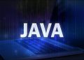 The word "Java" over a blue picture of a laptop.