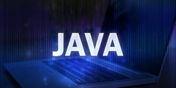 The word "Java" over a blue picture of a laptop.