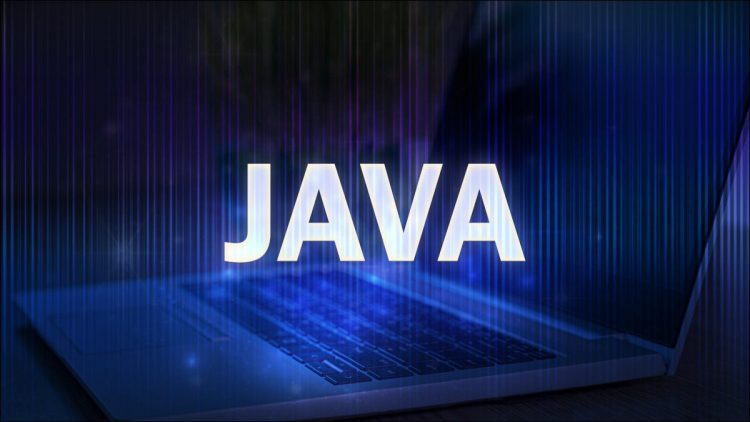 The word "Java" over a blue picture of a laptop.