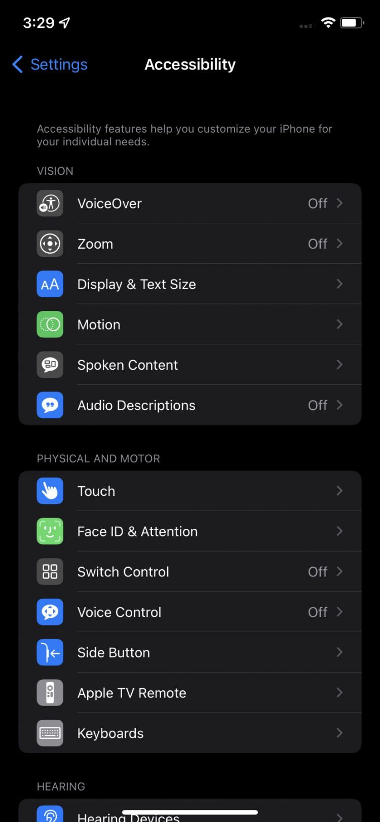 Top half of iOS accessibility menu