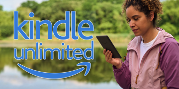 The Kindle Unlimited logo with someone reading a Kindle.