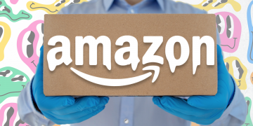 A man holding out an Amazon box with a melting logo and trippy background.
