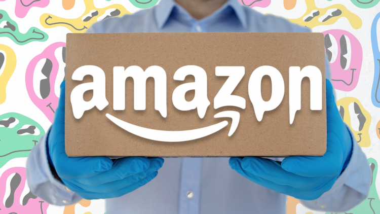 A man holding out an Amazon box with a melting logo and trippy background.