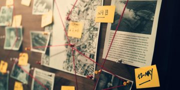 Clues are mapped out for investigation with maps, events, dates and photos connected by red threads.