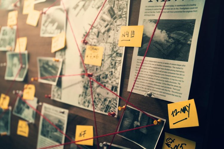 Clues are mapped out for investigation with maps, events, dates and photos connected by red threads.