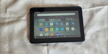 Amazon Fire 7 tablet powered on and resting on table