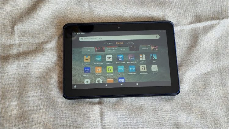 Amazon Fire 7 tablet powered on and resting on table