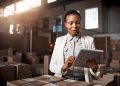 A manager uses a tablet in a warehouse / industrial environment.
