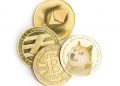 Dogecoin, litecoin, ethereum and bitcoin isolated on white background.