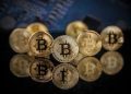 Many gold bitcoins staying on reflective surface with a single bitcoin in sharp focus