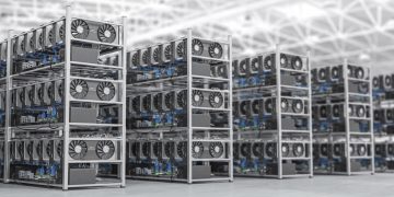 Bitcoin and others cryptocurrencies mining farm. GPU graphic cards rig for cryptocurrency mining