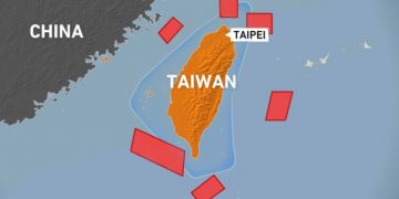 Map showing Taiwan, mainland China and locations where China is holding military exercises until Sunday
