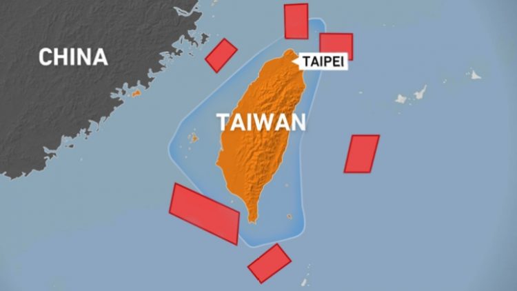 Map showing Taiwan, mainland China and locations where China is holding military exercises until Sunday