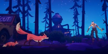 Screenshot from Endling - Extinction is Forever featuring a standoff in a sparse forest that is littered with scrap and waste between a mother fox and her cub versus a furrier in a gas mask wielding a wrench.