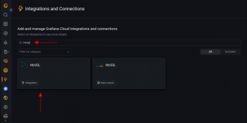 image of searching for the MySQL integration in Grafana