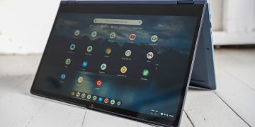 Lenovo Flex 5i Chromebook standing tent style