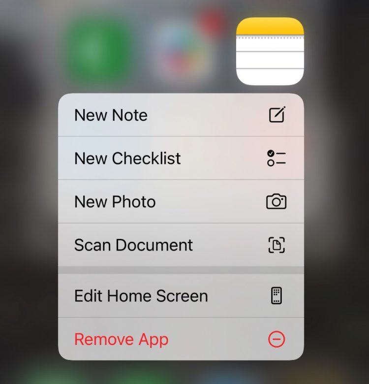 Tap and hold on the Notes app to scan documents on iPhone.