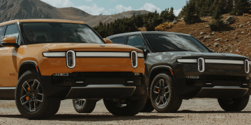 The Rivian R1T electric pickup in bronze and gray.