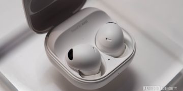 Samsung Galaxy Buds 2 Pro in gwhite color in charging case left side view