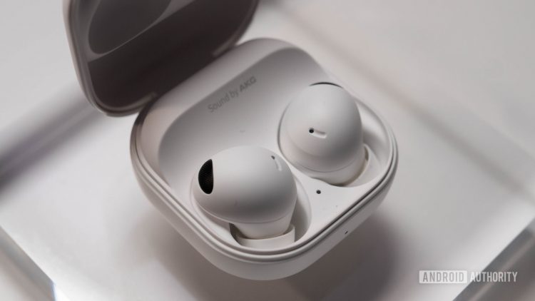 Samsung Galaxy Buds 2 Pro in gwhite color in charging case left side view