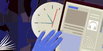 Collage illustration of a hand, a Zoom meeting on a screen, an analog clock, and a tablet computer.