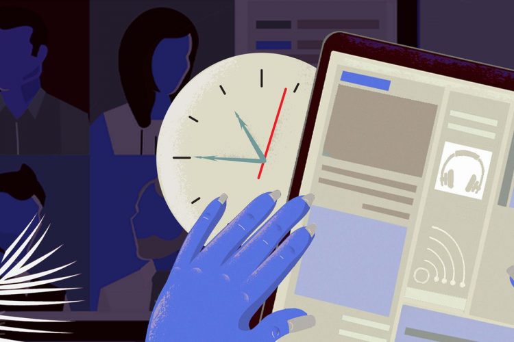 Collage illustration of a hand, a Zoom meeting on a screen, an analog clock, and a tablet computer.