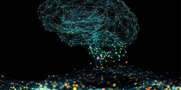 Illuminated network diagram in the shape of a brain