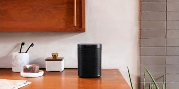 Sonos One on bathroom countertop