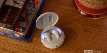 LG Tone Free FP9 review with the earbuds and lights visible