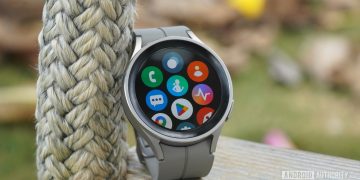 A Samsung Galaxy Watch 5 Pro displays its App Library including Google and Samsung native apps.