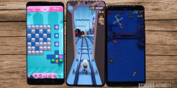 Three Android phones running three games with a wood panel background