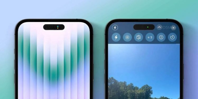 Renders showing the iPhone 14 Pro's new pill-shaped notch, privacy indicators, and new Camera app UI.
