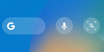 GIF of various Google Search Lock Screen widgets, including a rounded rectangular Search bar and four circular widgets for Voice, Lens, Translate via Lens, Shopping via Lens and Homework via Lens.