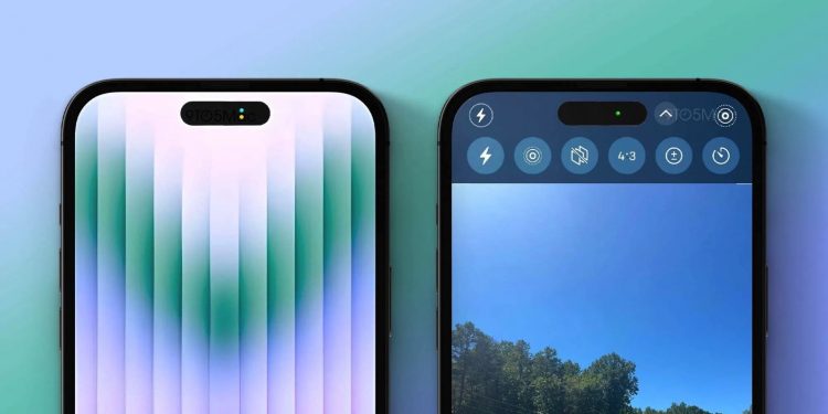 Renders showing the iPhone 14 Pro's new pill-shaped notch, privacy indicators, and new Camera app UI.