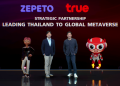 Officials of Zepeto and True stand on stage with virtual avatars