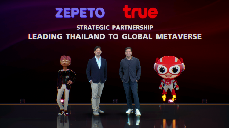 Officials of Zepeto and True stand on stage with virtual avatars