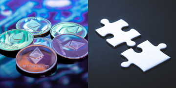 gold, silver, and copper Ethereum coins in defocused printed circuit background (left), two pieces of jigsaw puzzle (right)