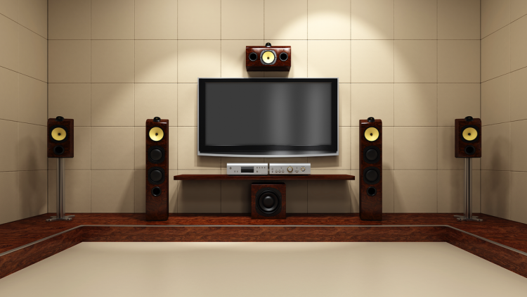 A home theater with surround sound speakers.