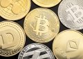 group of cryptocurrency coin on black background. Bitcoin, dogecoin, ethereum, xrp, eos, litecoin blockchain money