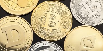 group of cryptocurrency coin on black background. Bitcoin, dogecoin, ethereum, xrp, eos, litecoin blockchain money